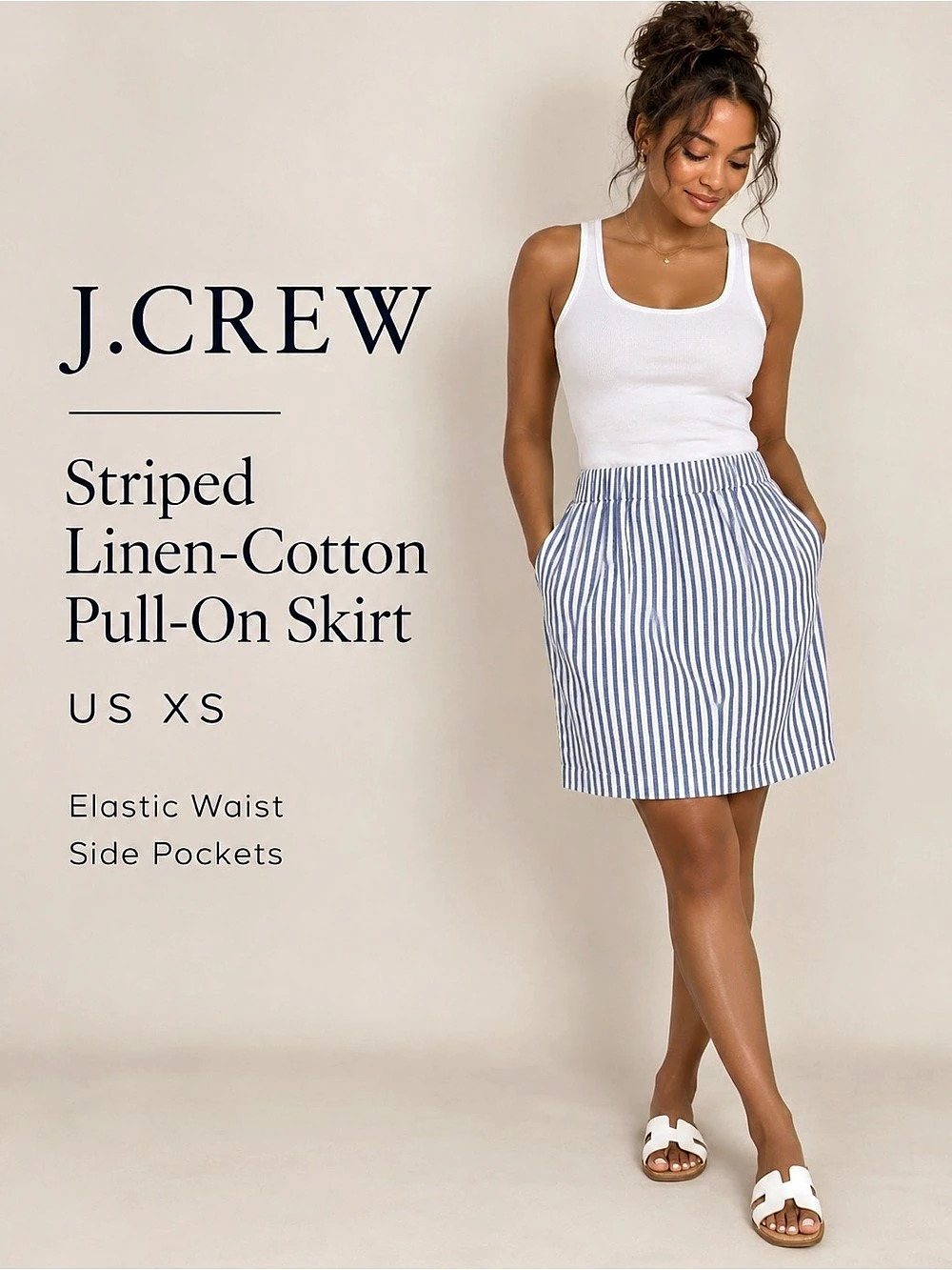 J.Crew Striped Linen Cotton Pull-On Skirt Blue White XS